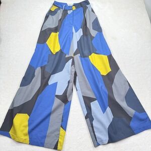 Native Youth Abstract Geometric Print Wide Leg Pants Blue Yellow Grey XS